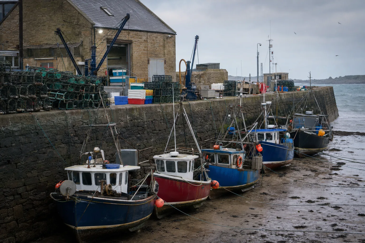 Small commercial fishing boats lying alongside a harbour quay in grey morning light